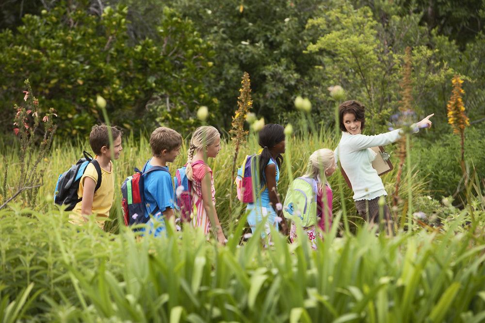 teacher leading students in nature